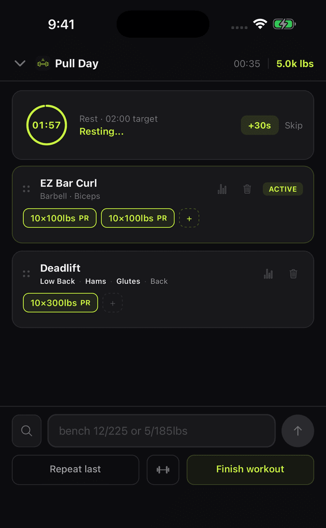 OVERLOAD Workout — active session, PR chips, rest timer